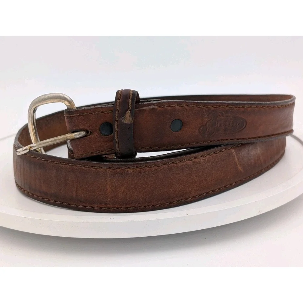 Vintage Justin USA Made Distressed Leather Belt Brown Western Ranch 53 Inches